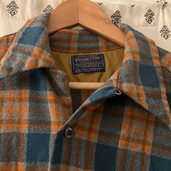 VTG Pendleton Orange and Blue Wool Men’s Flannel Size L - Picture 3 of 15
